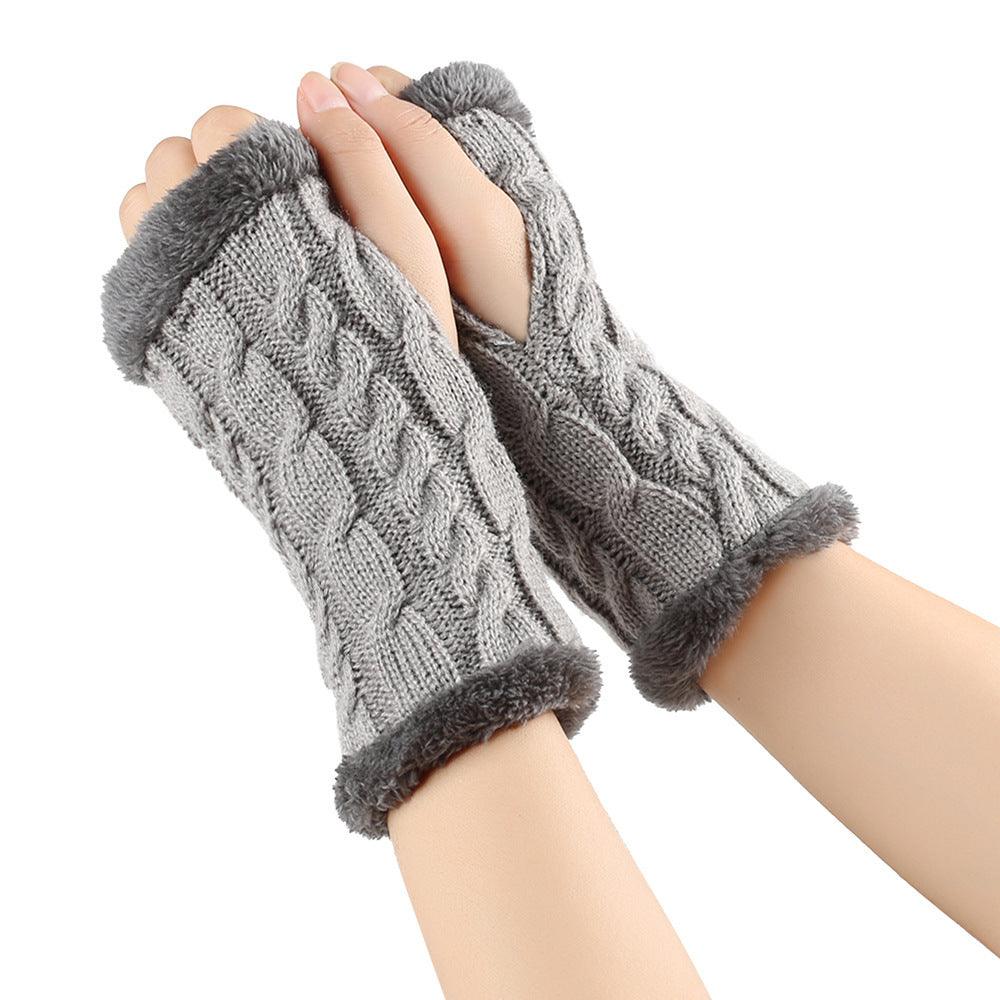 Winter Plush Gloves Twist Knitted Fingerless Fleece Gloves Women Warm Thickened Woolen Gloves - Nioor