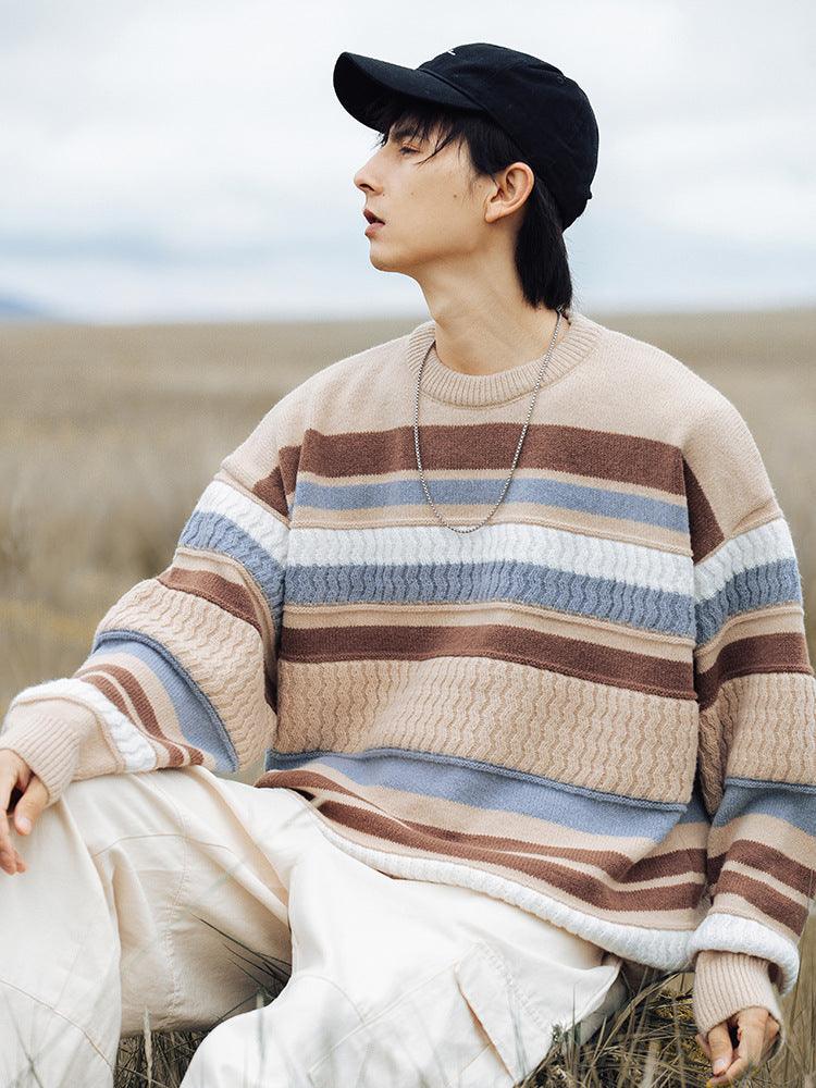 Striped Twisted Patchwork Round Neck Sweater For Men - Nioor