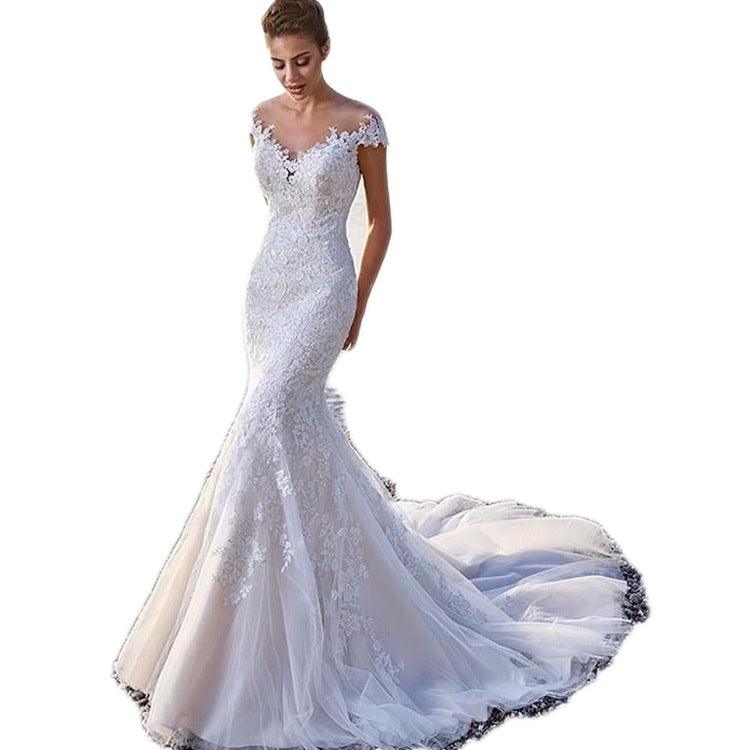 Princess Bride Mermaid Wedding Dress White Trailing Perspective Backless Lace Wedding Dress - Nioor