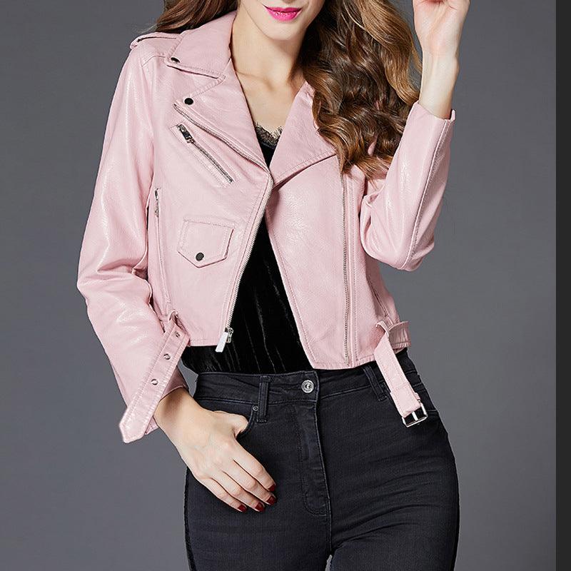 Women's Short Slim PU Leather Jacket - Nioor