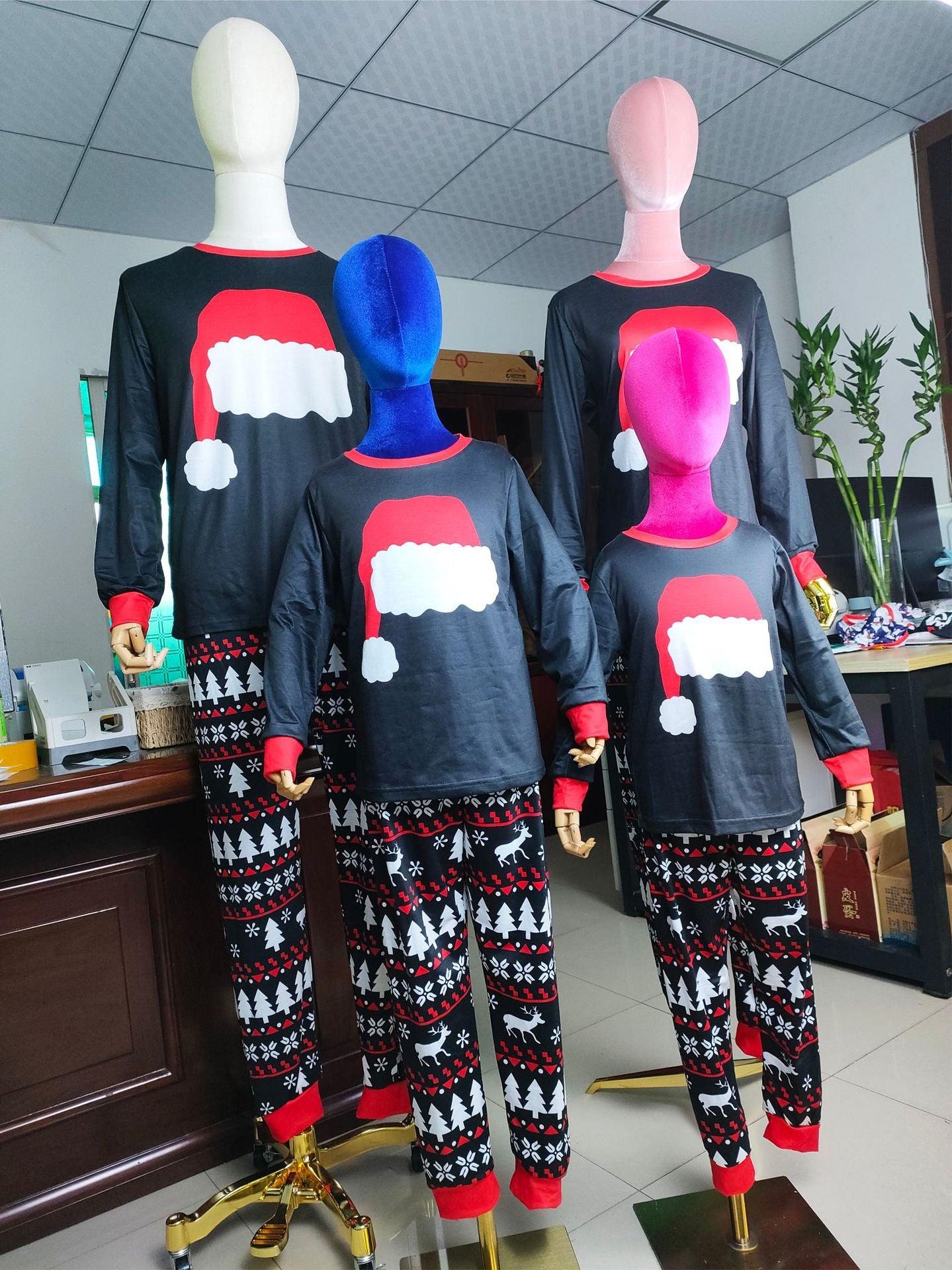 New Autumn And Winter Pajamas Set Home Wear Christmas Hat Printed Parent-child Suit - Nioor