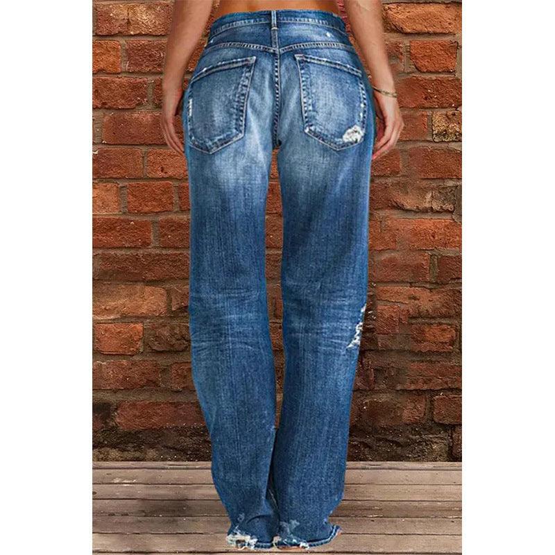 Women's Denim Trend Mid Waist Ripped Leisure Straight-leg Pants - Nioor