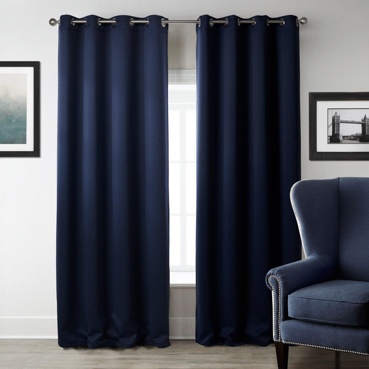 Dark Blue Bedroom Blackout Fabric Printed Curtains - Nioor