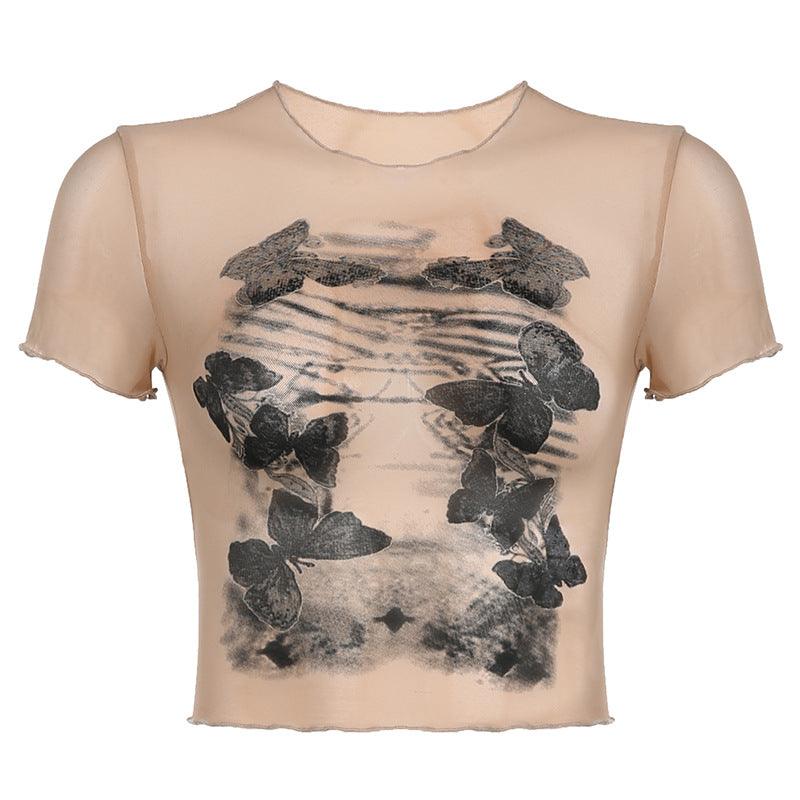 Dark Butterfly Printed Lightweight Mesh T-shirt Round Neck Top - Nioor