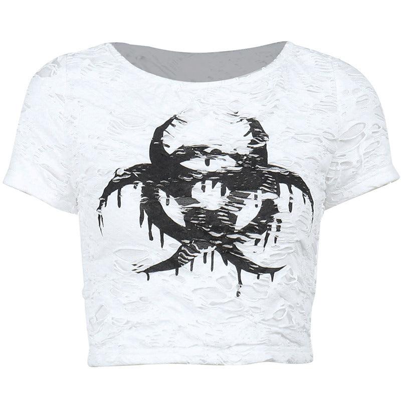 Dark Personality Texture Hollow Printed T-shirt - Nioor