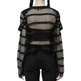 Dark Style Pure Black Mesh Long Sleeve Blouse - Nioor