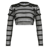 Dark Style Pure Black Mesh Long Sleeve Blouse - Nioor