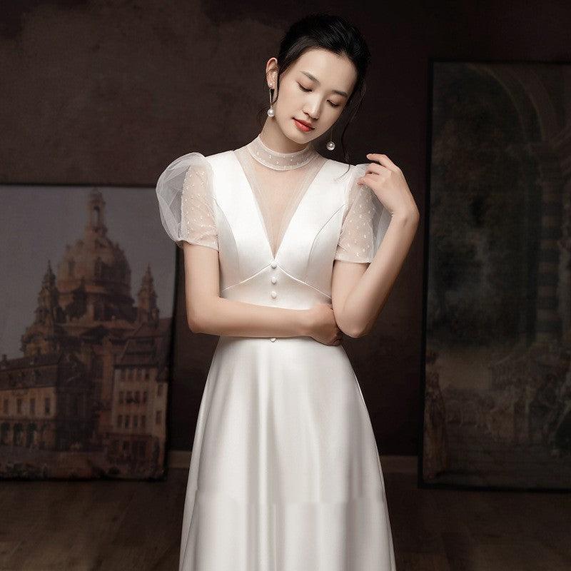 White Engagement Wedding Dress Female French Satin Light Wedding Dress - Nioor