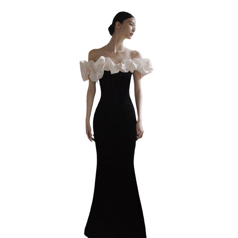 French Satin Evening Dress New Bridal Off-shoulder Elegant Fishtail Welcome Dress - Nioor