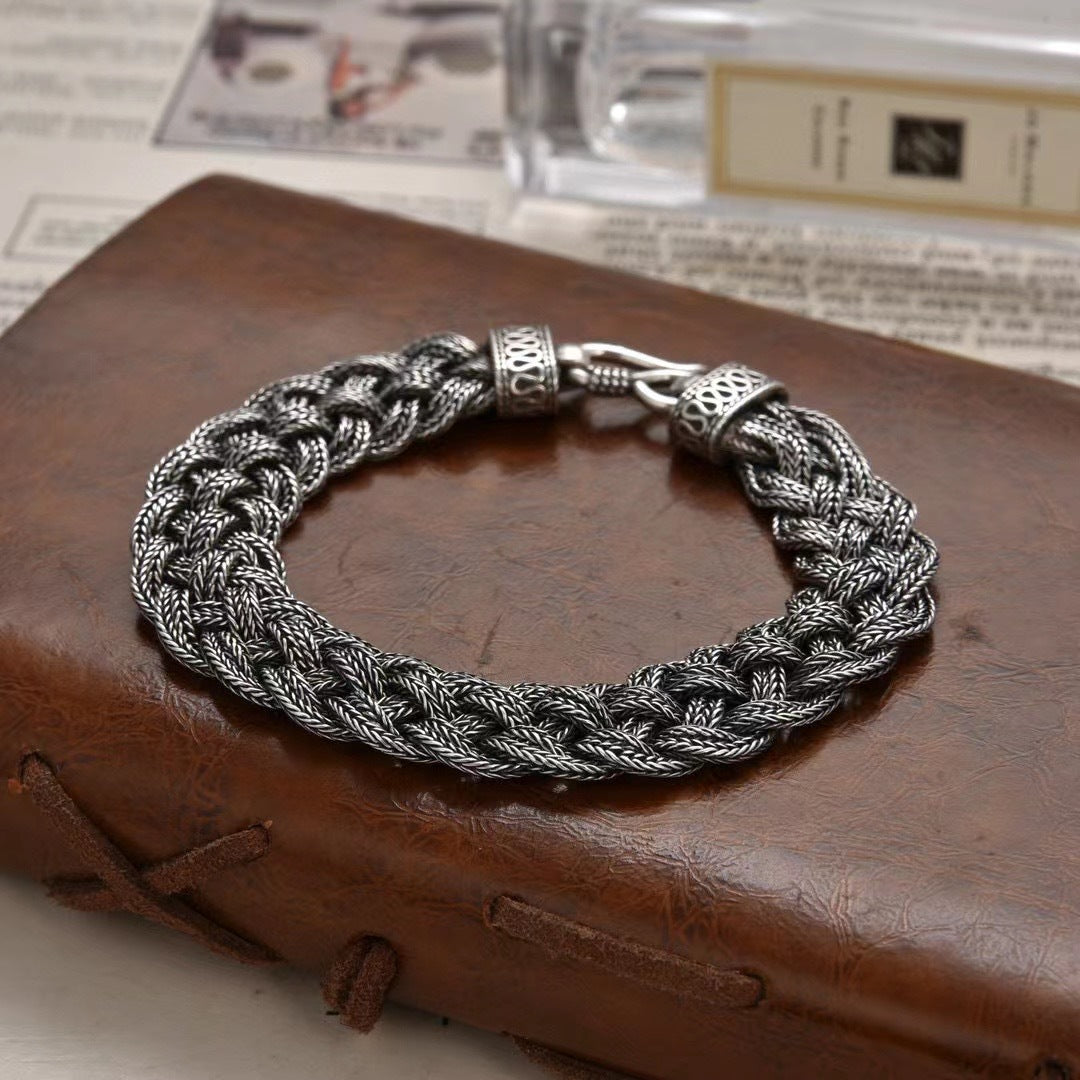 S925 Sterling Silver Men's Vintage Hand-woven Double Braid Three-strand Horse Tail Bracelet