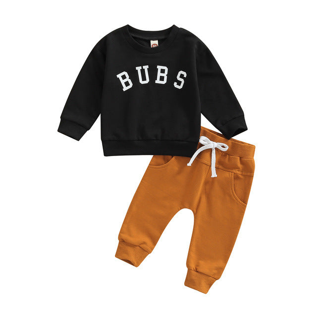 Children's Clothing Round Neck Letter Print Top Solid Color Trousers