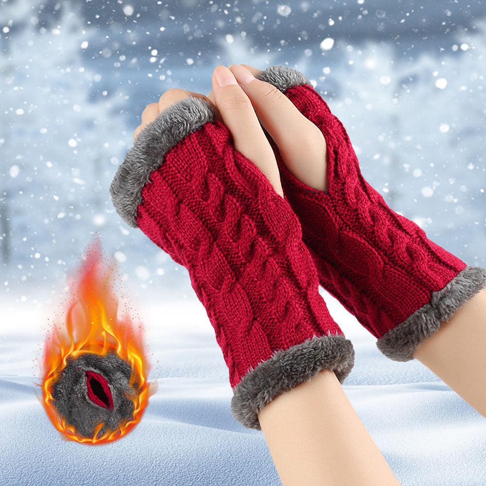 Winter Plush Gloves Twist Knitted Fingerless Fleece Gloves Women Warm Thickened Woolen Gloves - Nioor