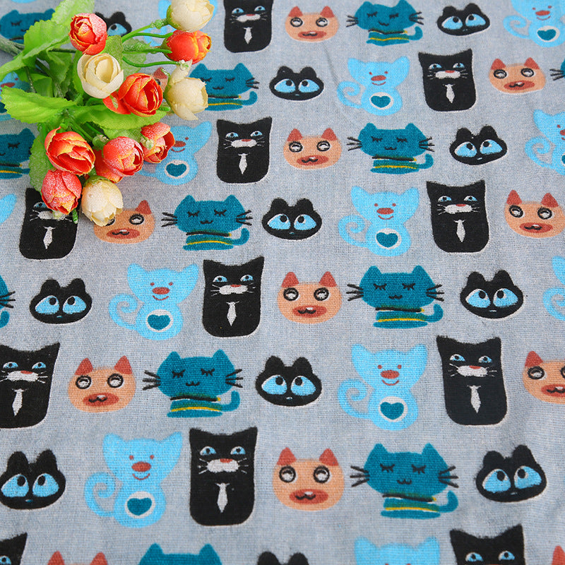 Cat Head Printing Handmade Linseed Cotton DIY Tablecloth Door Curtain Pillow Background Fabric