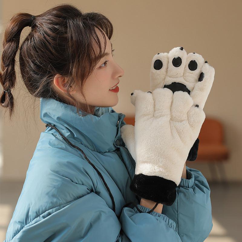 Cute Cartoon Bear Claw Plush Gloves Female Winter Warm Fleece-lined Thickened Hand-shaped Brush Road Bike Skiing - Nioor