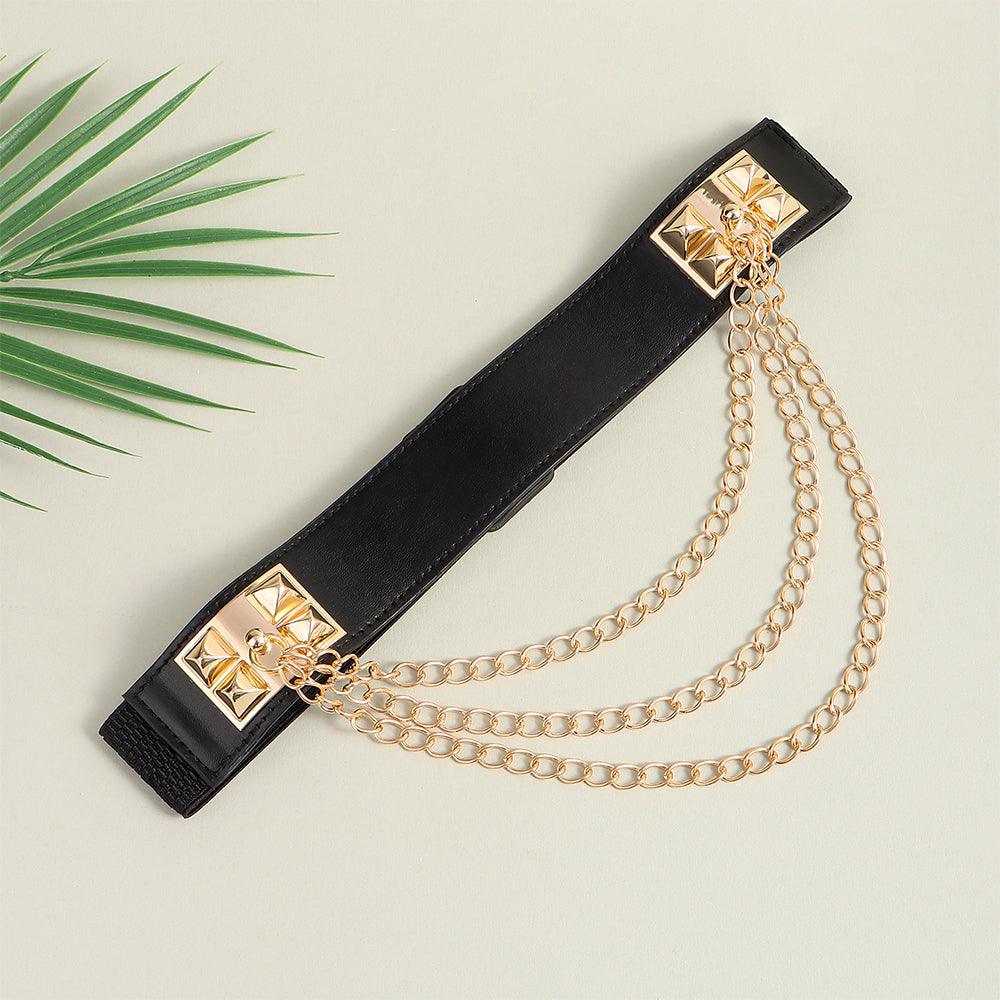 Punk Gold Rivet Chain Women's Belt Women's Elastic Stretch Wide Waist Corded Waist Black Slim Belt - Nioor