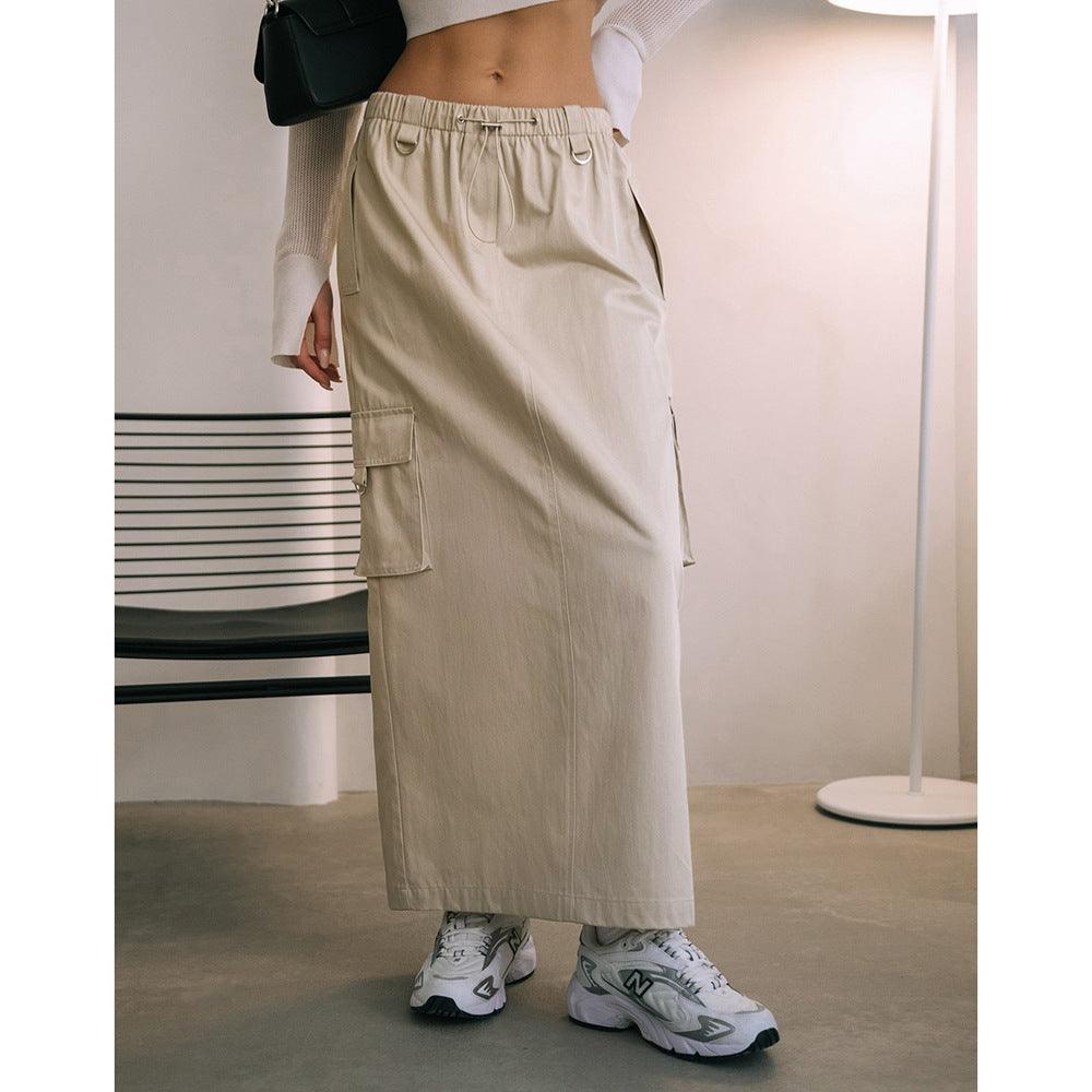 Women's Fashion Drawstring Elastic Waist Double Pocket Cotton High Waist Skirt - Nioor