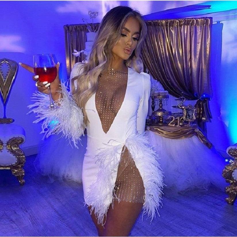 Deep V Long Sleeve Feather Yarn Stitching Feather Decoration Slim Dress - Nioor