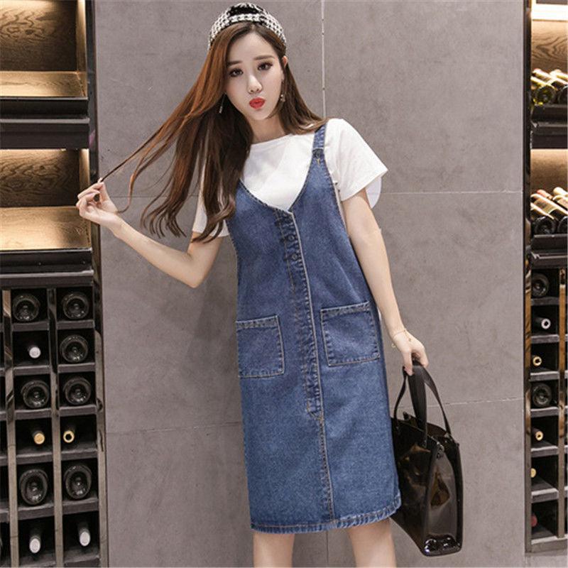 Denim Suspender Skirt Women's Student Mid-length Suspender Base Skirt Jeans - Nioor