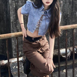 Denim Tie Up Shirt For Women With Loose Short Sleeves - Nioor