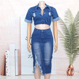 Denim Women's Wear Fashion Frosted Garment Wash Denim Skirt Suit - Nioor