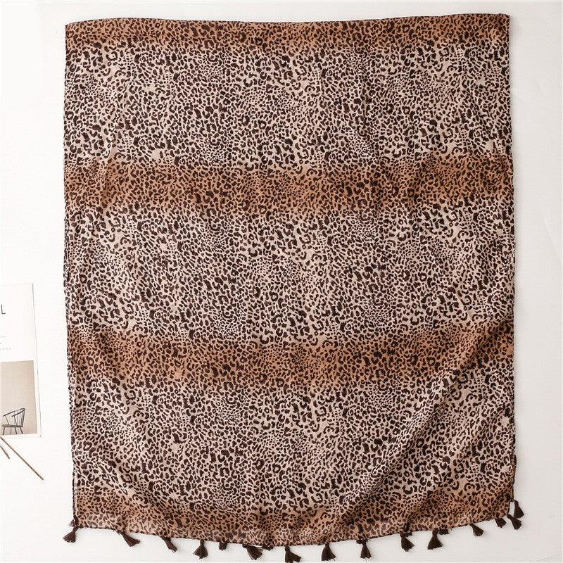 Fashion Large Leopard-print Personality Voile Silk Scarf Coffee Color Gradient Handmade Tassel Sun-proof - Nioor