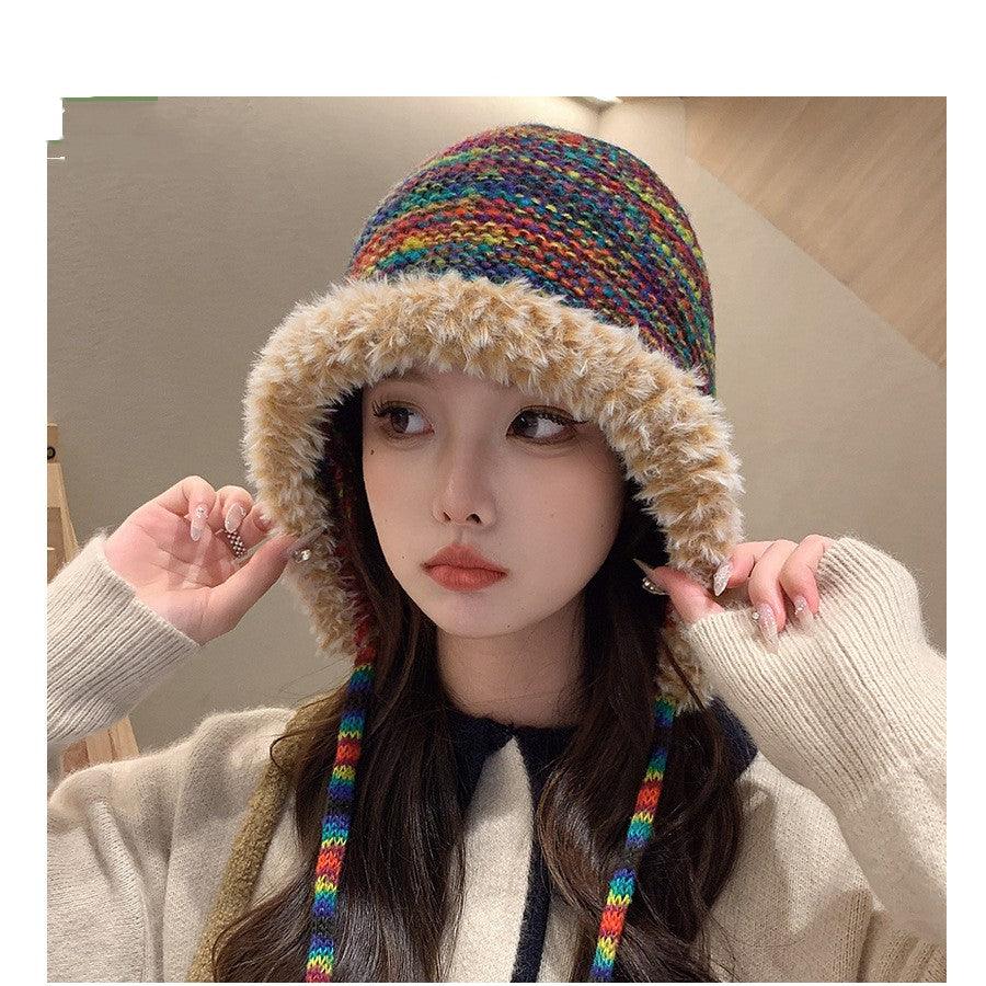 Rainbow Knitted Hat Plush Edge Strap - Nioor