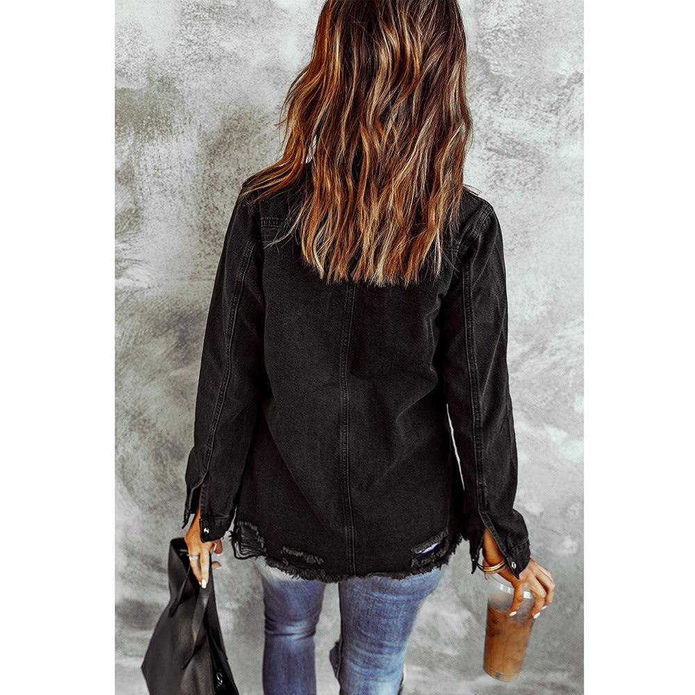 Black Ripped Shirt Denim Long Sleeve Coat Jacket Women - Nioor