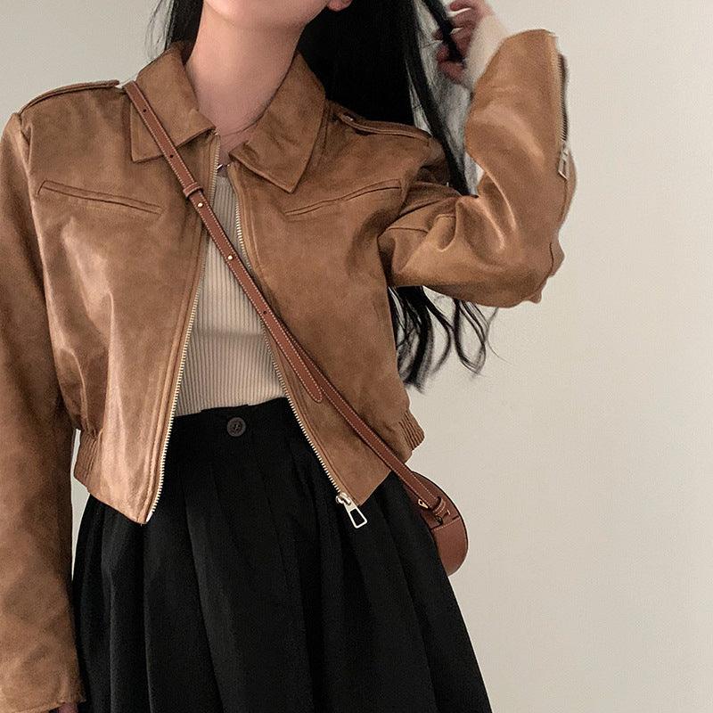 Solid Color Zipper Small Loose Lapels Fashion American Leather Coat Women's - Nioor