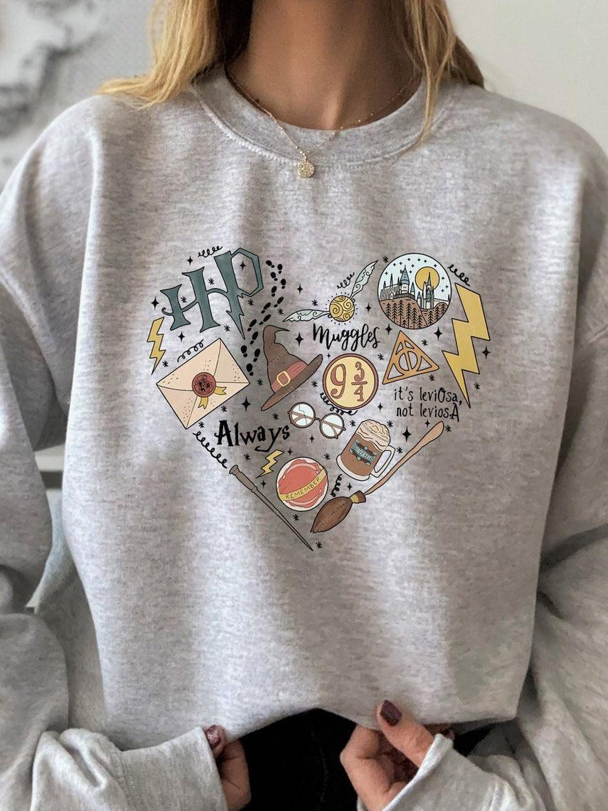 Digital Printing Sweater Hipster Round Neck Pullover Long Sleeve Sweater Women - Nioor