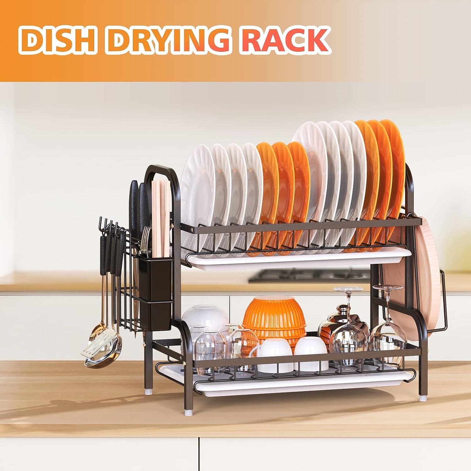 Dish Drying Rack, 2-Tier Dish Racks For Kitchen Counter, Sink Dish Drainer With Drainboard, Utensil Holder And Cutting Board Holder, Stainless Steel Kitchen Drying Rack-Black - Nioor