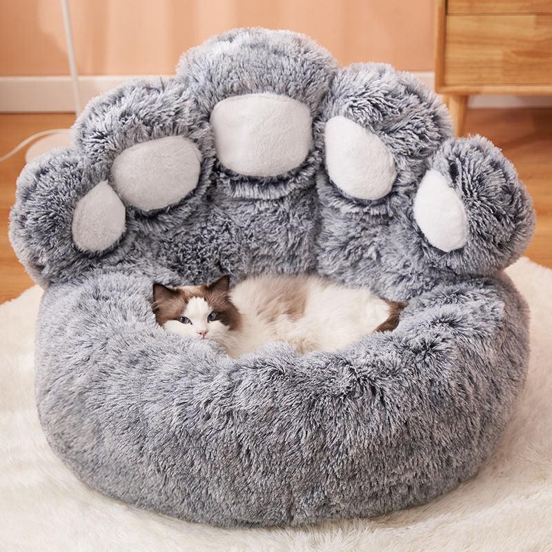 Dog Bed Cat Mat Round Large Pet House Long Plush Deep Sleeping Warm Bear Paw Shape Super Soft Cushion Calm Beds - Nioor