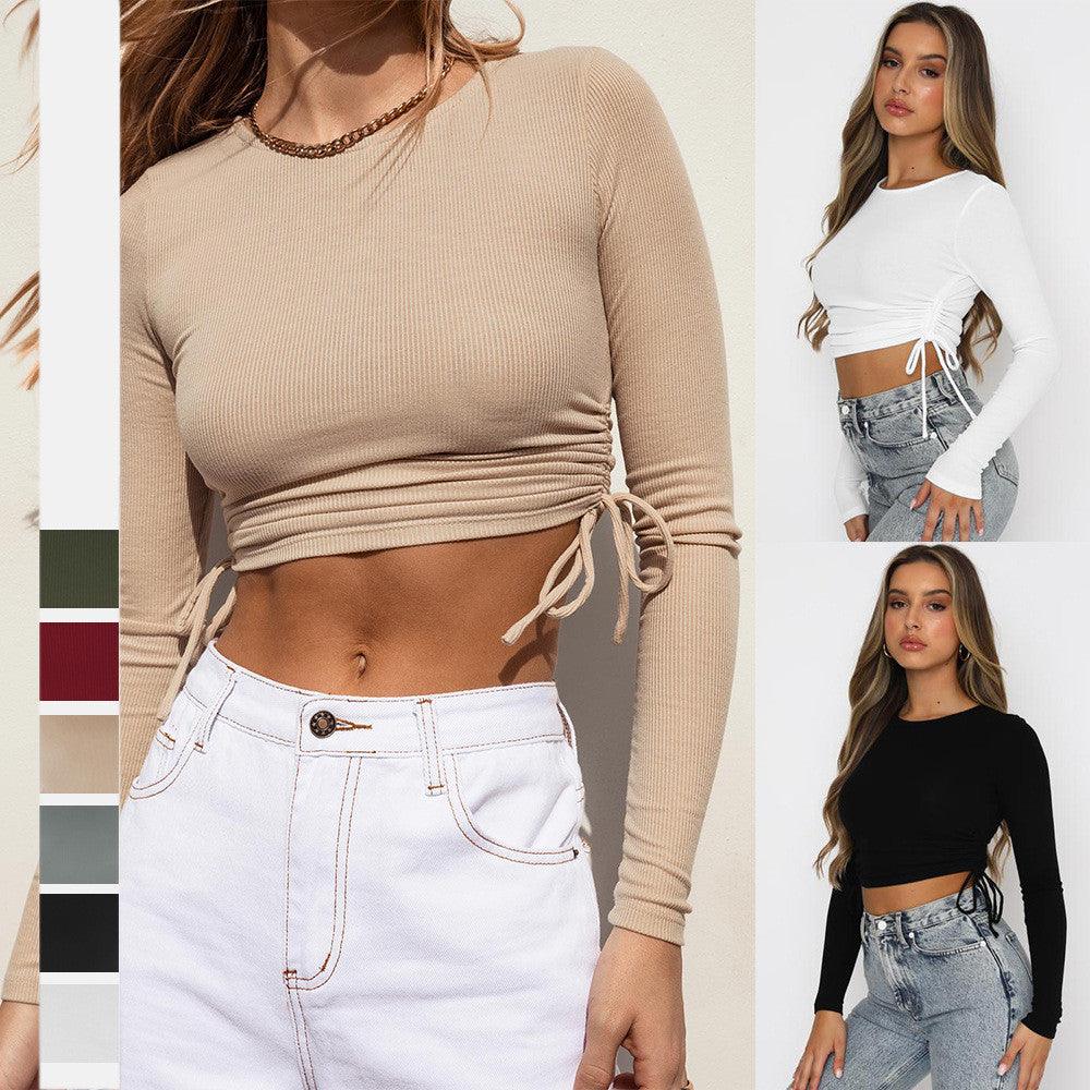 Drawstring Round Neck Long Sleeve Cropped T-shirt Thread Top - Nioor