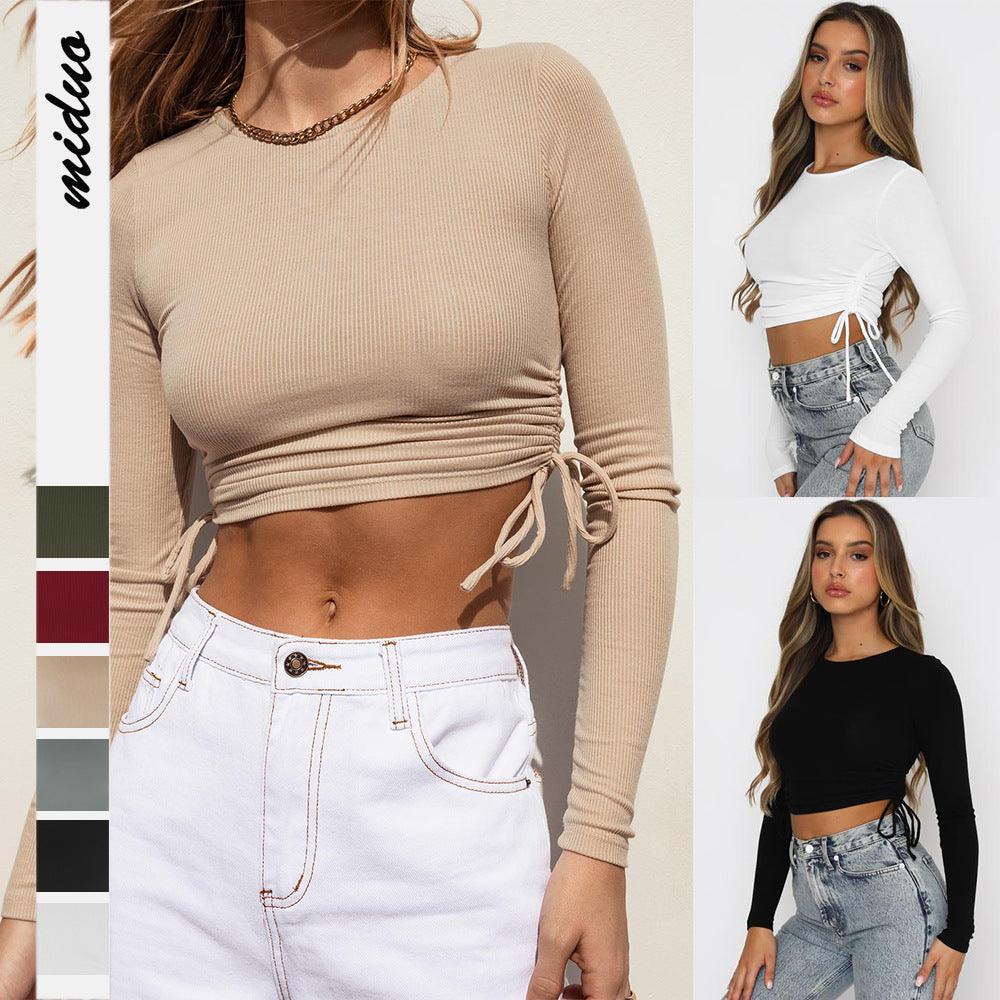 Drawstring Round Neck Long Sleeve Cropped T-shirt Thread Top - Nioor