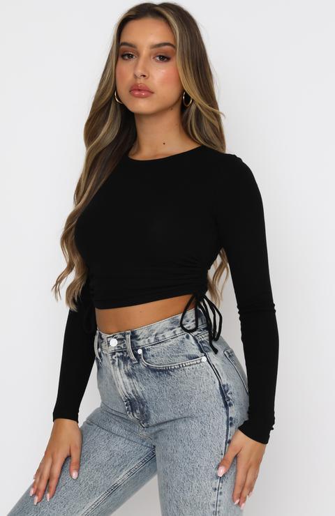 Drawstring Round Neck Long Sleeve Cropped T-shirt Thread Top - Nioor