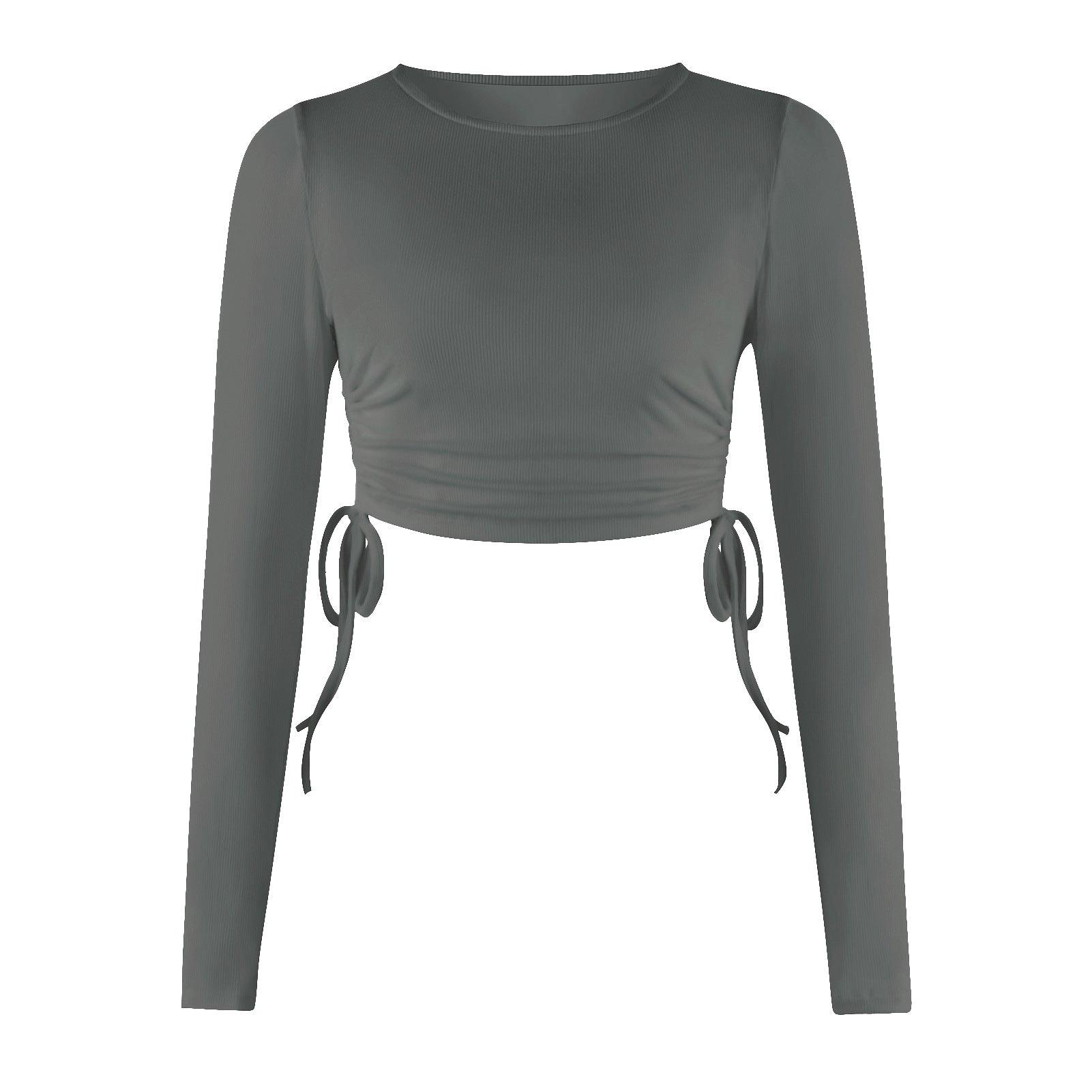 Drawstring Round Neck Long Sleeve Cropped T-shirt Thread Top - Nioor