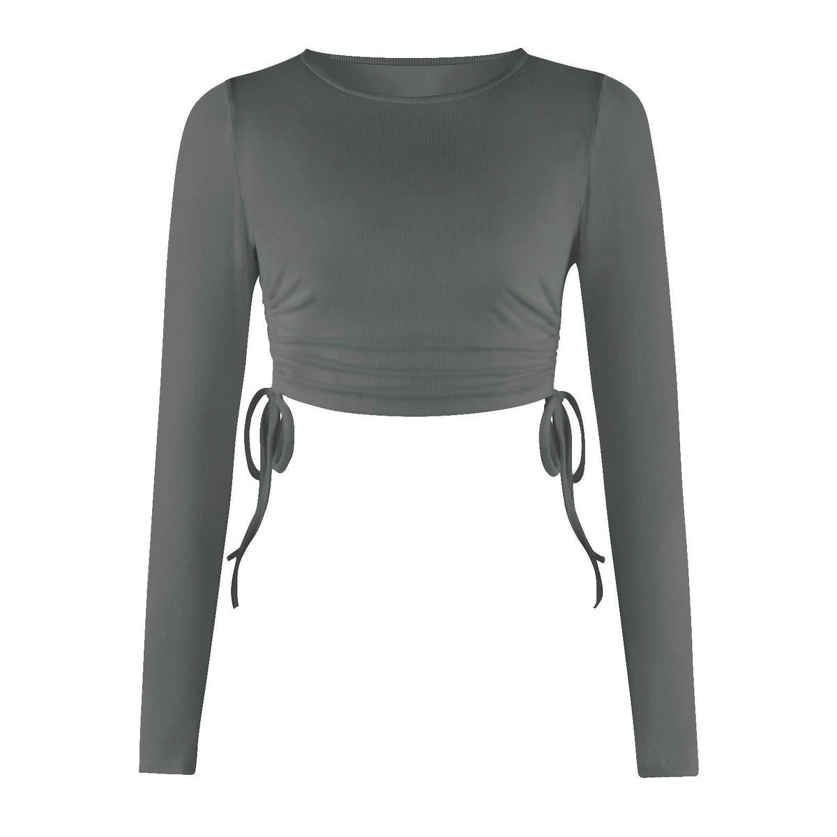 Drawstring Round Neck Long Sleeve Cropped T-shirt Thread Top - Nioor