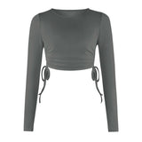 Drawstring Round Neck Long Sleeve Cropped T-shirt Thread Top - Nioor