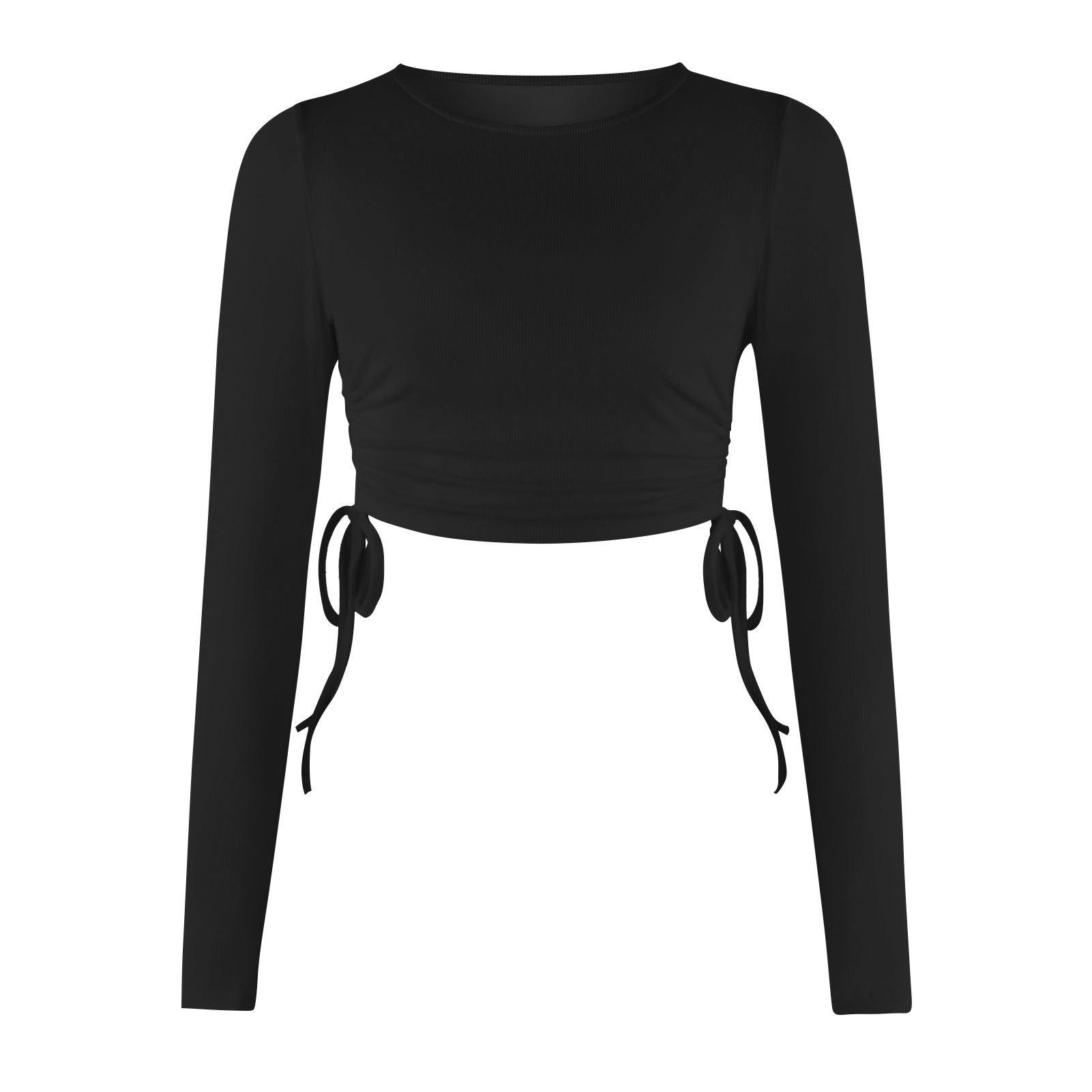 Drawstring Round Neck Long Sleeve Cropped T-shirt Thread Top - Nioor