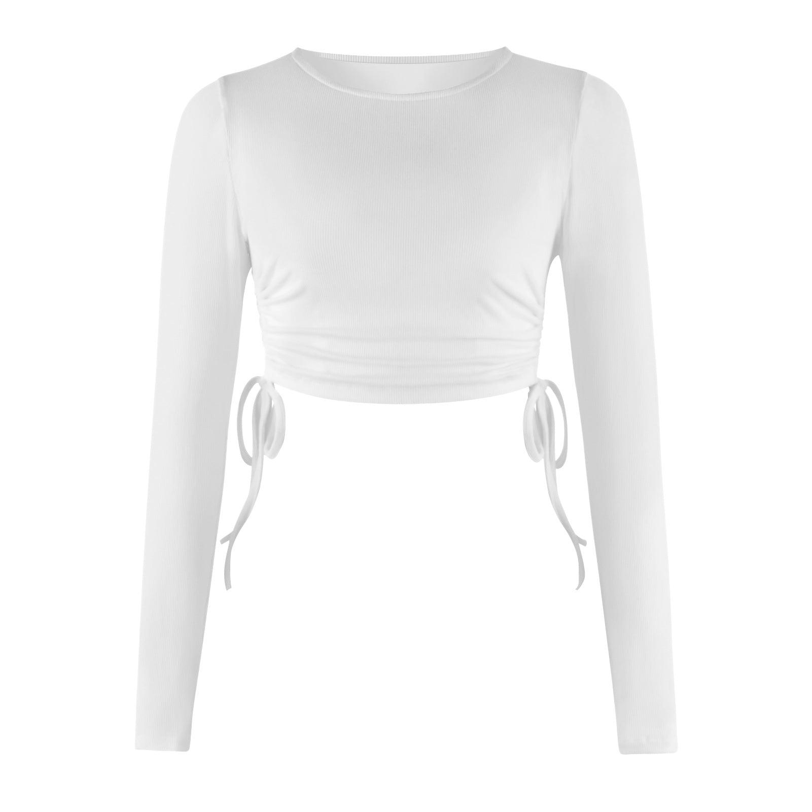 Drawstring Round Neck Long Sleeve Cropped T-shirt Thread Top - Nioor