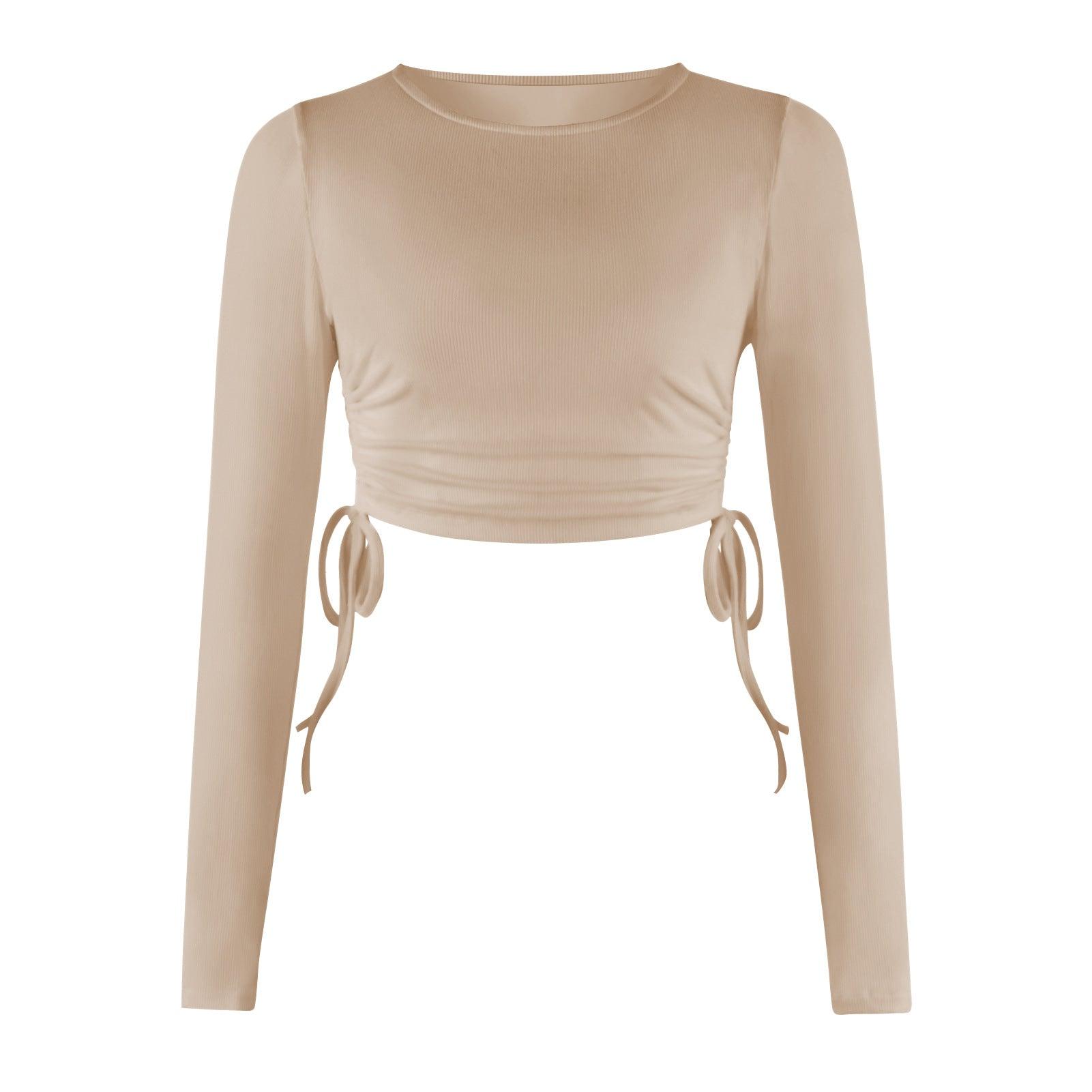 Drawstring Round Neck Long Sleeve Cropped T-shirt Thread Top - Nioor