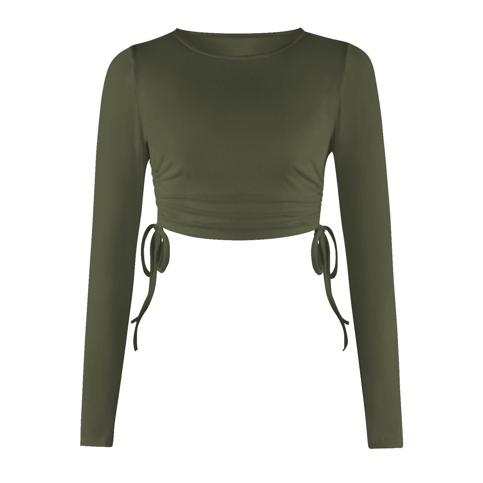 Drawstring Round Neck Long Sleeve Cropped T-shirt Thread Top - Nioor