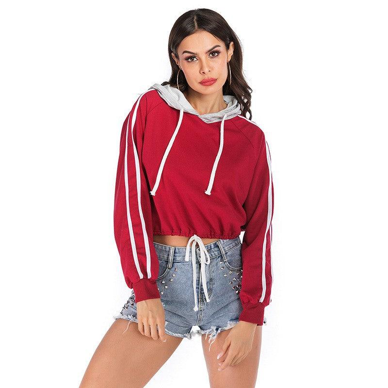 Drawstring Short Striped Long Sleeve Hooded Short Midriff-baring Hoodie Foreign Trade Women's Clothing - Nioor