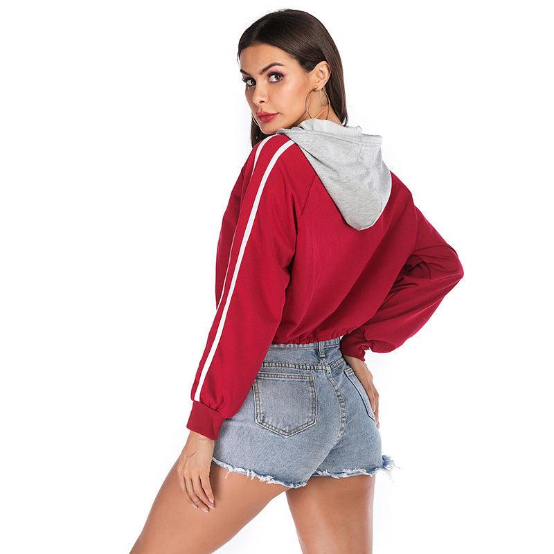 Drawstring Short Striped Long Sleeve Hooded Short Midriff-baring Hoodie Foreign Trade Women's Clothing - Nioor