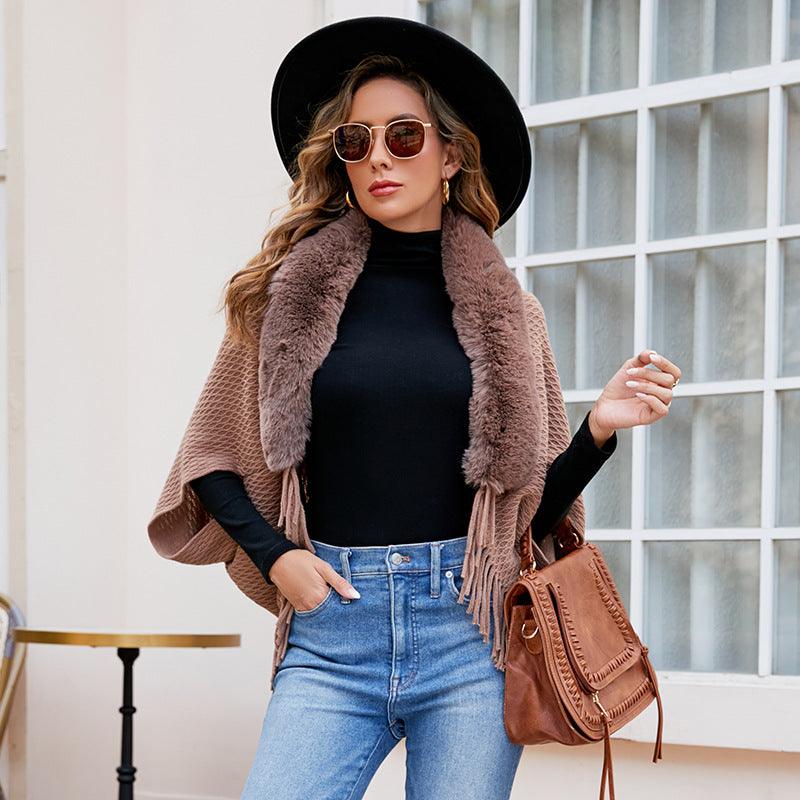 Drizzling Fur Collar Knitted Tassel Cape Coat Women - Nioor