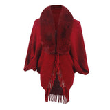 Drizzling Fur Collar Knitted Tassel Cape Coat Women - Nioor