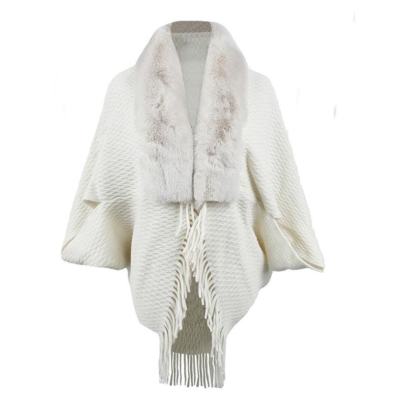 Drizzling Fur Collar Knitted Tassel Cape Coat Women - Nioor