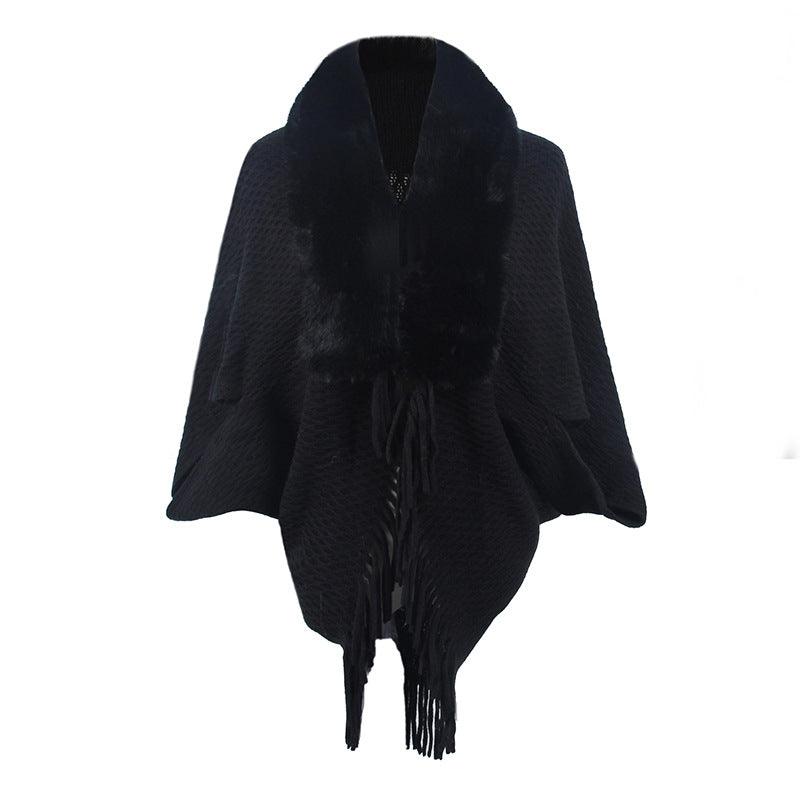 Drizzling Fur Collar Knitted Tassel Cape Coat Women - Nioor