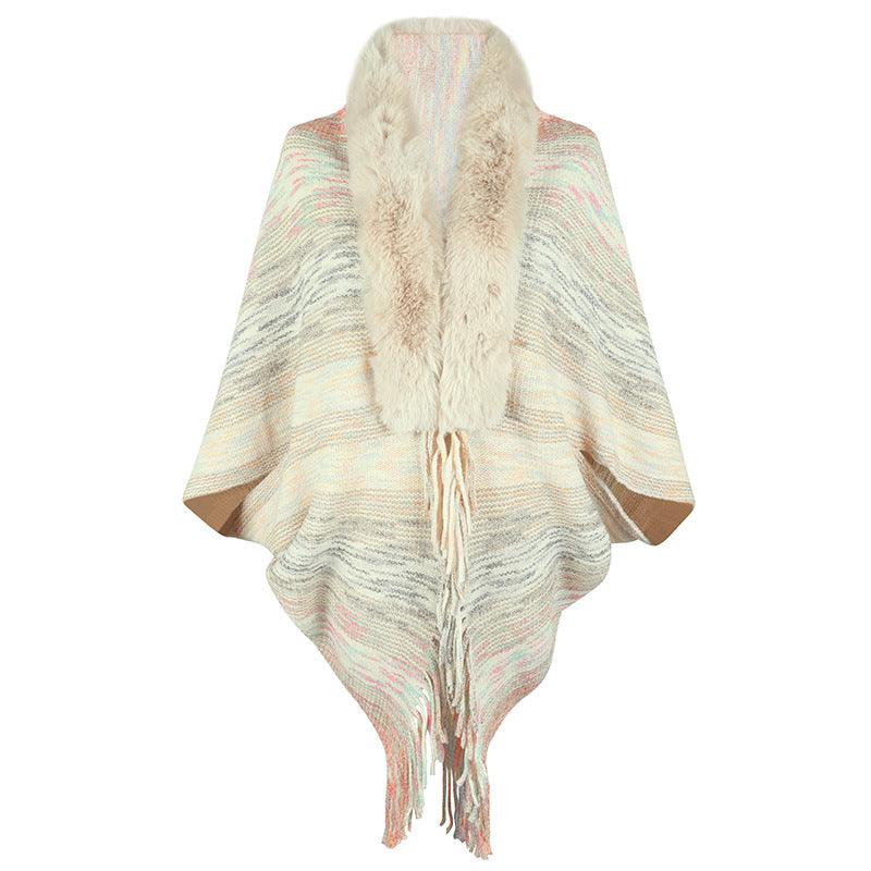 Drizzling Rainbow Striped Women's Tassel Cloak - Nioor