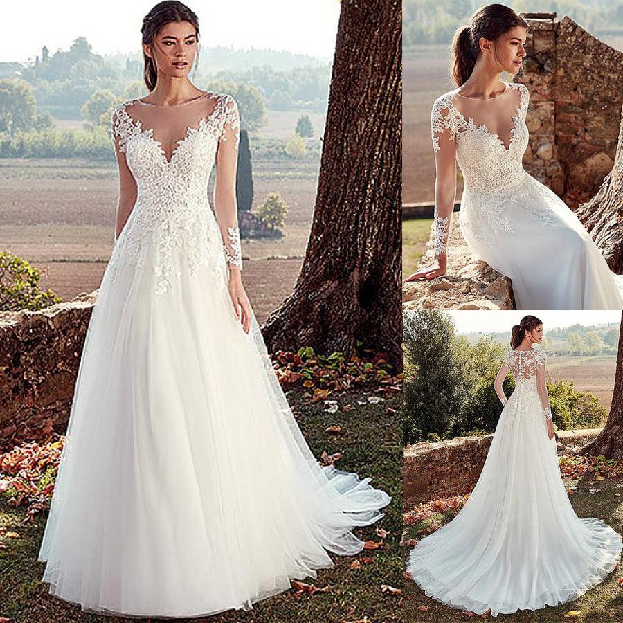 High U-neck Lace Long Sleeve A- Line Long Tail Simple Wedding Dress - Nioor