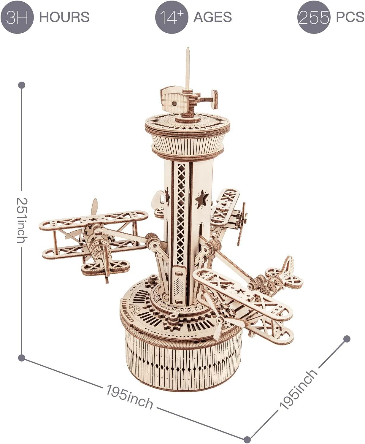 Robotime Rokr 3D Wooden Puzzles For Adults DIY Musical Box Model Kit To Build Self-Assembly Building Kit Airplane- Control Tower - Nioor